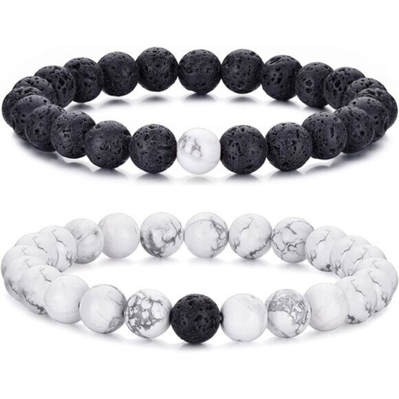 ⚡Rankeef Men 2 White Black Tiger Eye 8MM Natural Stone Crystal Beaded Bracelet - Picture 1 of 8